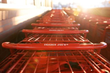 Shopping carts are lined up at a Trader Joe's
