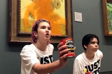 Climate protesters hold a demonstration as they throw cans of tomato soup at Vincent van Gogh's "Sunflowers" at the National Gallery in London, United Kingdom