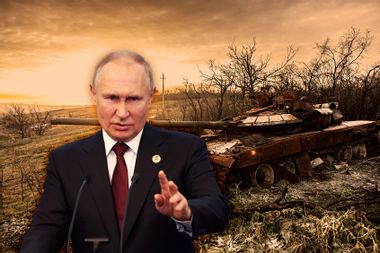 Russian President Vladimir Putin; Destroyed Russian tank in the village of Bohorodychne, eastern Ukraine