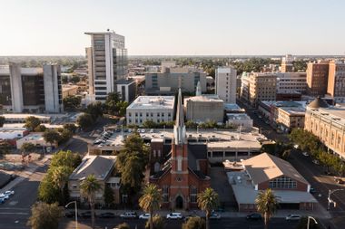 Sunset aerial view of downtown Stockton, California, USA