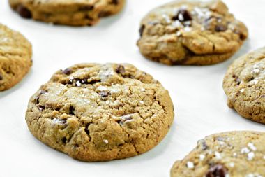 Fresh baked chocolate chip cookies with sea salt
