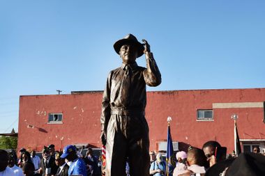 A statue of Emmett Till is unveiled on October 21, 2022 in Greenwood, Mississippi.