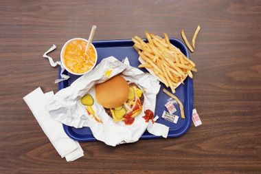 Tray With Fries, a Hamburger and Lemonade