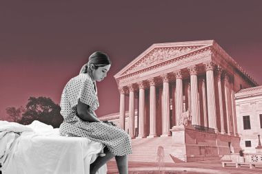 Sad young adult woman patient; US Supreme Court