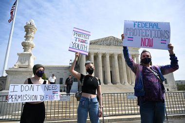 Activists for transgender rights gather in front of the US Supreme Court in Washington, DC, on April 1, 2023.