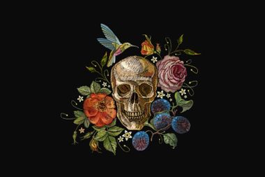 Embroidery skull and roses, grapes, humming bird and flower