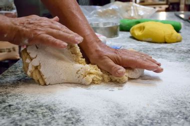 Preparing a marzipan dessert in a bakery