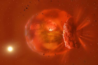 Image shows a visualisation of the huge, glowing planetary body produced by a planetary collision.