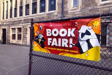 Scholastic Book Fair banner outside Catholic school, Queens, New York.