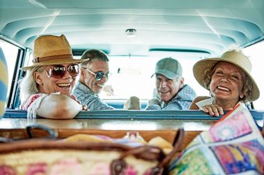 Elderly group of friends on a road trip