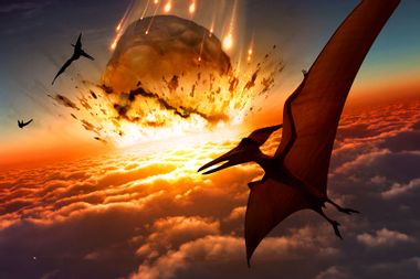 Illustration of Pteranodon sp. flying reptiles watching a massive meteor approaching Earth's surface.