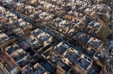 Destroyed houses at Villa El Olivar after the forest fires on February 4, 2024 in Vina del Mar, Chile.