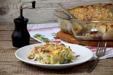 Casserole with cabbage or gratin under a cheese crust