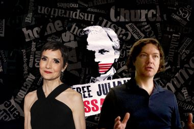 Catherine Herridge and Tim Burke in front of a Julian Assange poster