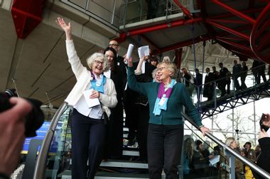 Members of Swiss association Senior Women for Climate Protection react after the announcement of decisions after a hearing of the European Court of Human Rights