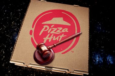A Pizza Hut box and a gavel