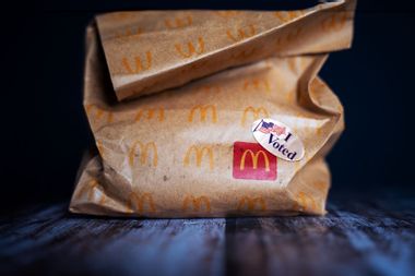 McDonald's bag with an "I Voted Sticker" stuck on