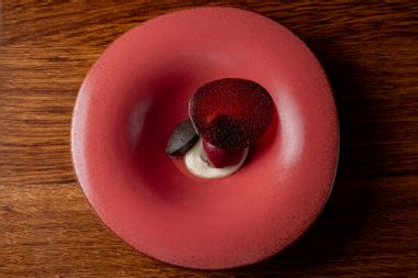 Ikoyi cherry cola sorbet, liquorice-scented baba ghanoush, vanilla shiitake cream and caramelised cherry juice