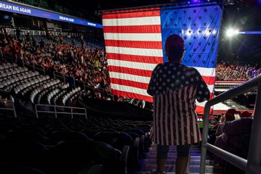 Donald Trump campaign rally Greensboro North Carolina seats stands supporters