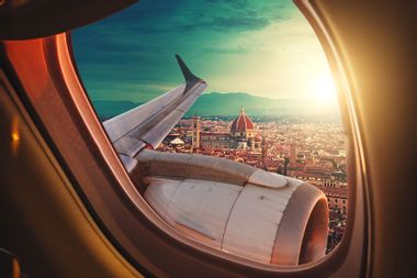 Santa maria del fiore skyline from the porthole of airplane