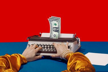 Writer at their typewriter, making money