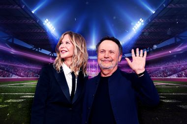 Meg Ryan and Billy Crystal in a football stadium
