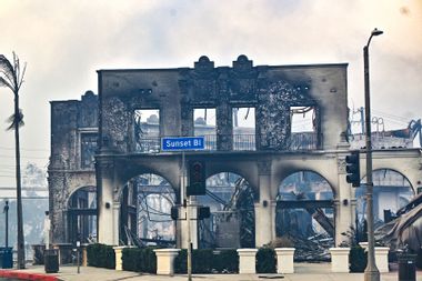 burned building on Sunset Boulevard Palisades Fire California