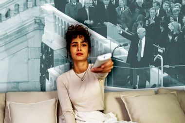 Donald Trump Presidential Inauguration remote tv counter-programming woman on couch