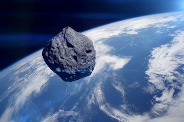 Illustration of an asteroid approaching planet Earth