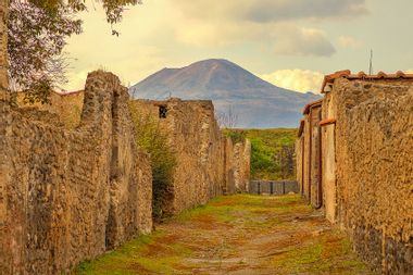 View of Mount Vesuvius from the ground of the ancient Roman city of Pompeii