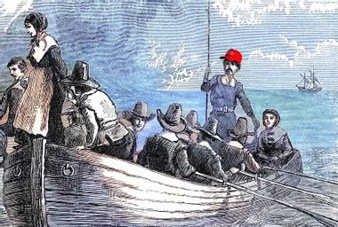 An engraved illustration of pilgrims landing at Plymouth Rock, with one wearing a MAGA hat.