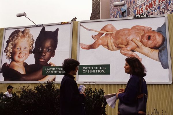 Posters of the Benetton brand including the newborn on the right in September 1991 in Paris, France