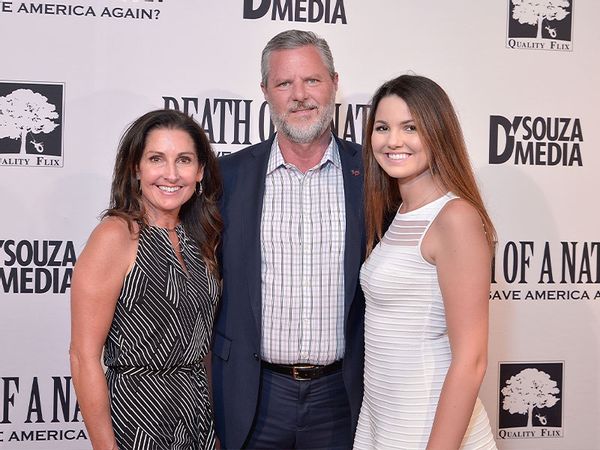 Jerry Falwell, Jr. (C), with his wife Becki Falwell (L) and daughter Caroline (R)