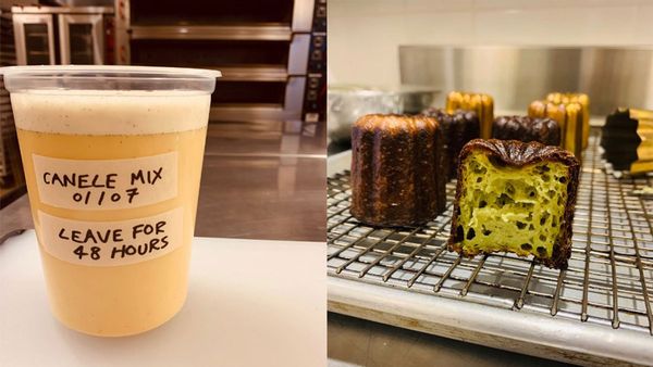 Chef Rory's canelé mixture and the final product, matcha canelés