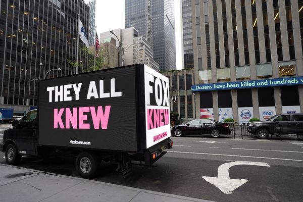 A mobile billboard deployed by Media Matters circles Fox News Corp headquarters on April 17, 2023 in New York City.