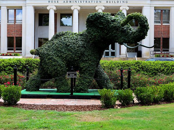 A sculpted Elephant, Alabama Crimson Tide's mascot stands outside the Rose Administration Building at the University Of Alabama in Tuscaloosa, Alabama on July 5, 2018.