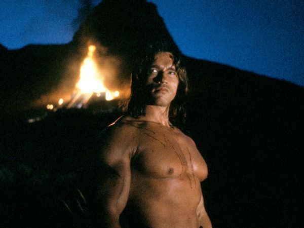 Arnold Schwarzenegger on the set of Conan the Barbarian