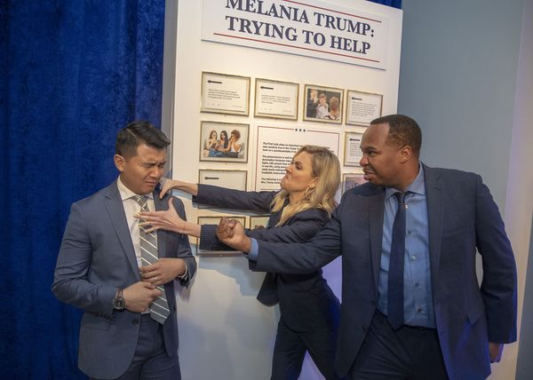 Ronny Chieng, Desi Lydic and Roy Wood Jr during The Daily Show