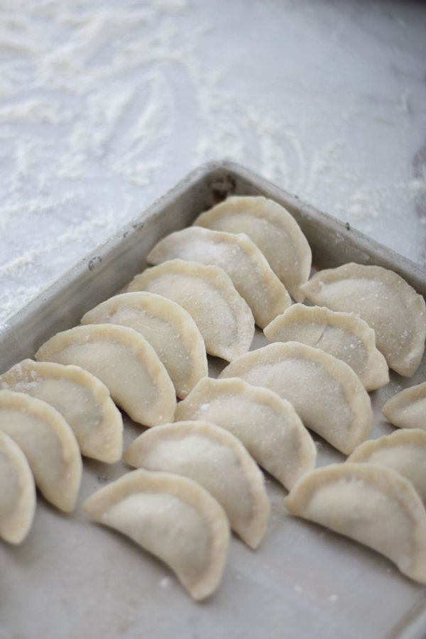 Prepared dumplings on a tray