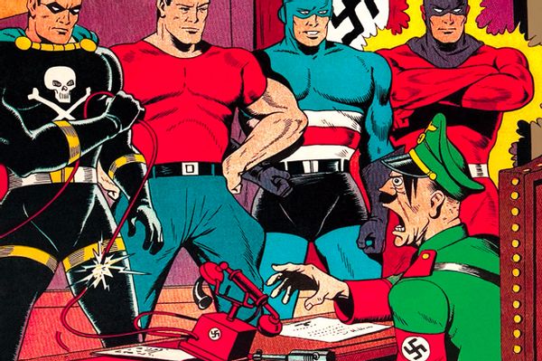 A collection of anti-Nazi comic book covers from the 1940s is one of ...