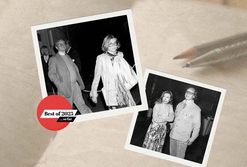 Black-and-white photos of writer Joan Didion and her husband, John Gregory Dunne, are displayed on a beige paper background with a pen in the upper right corner.